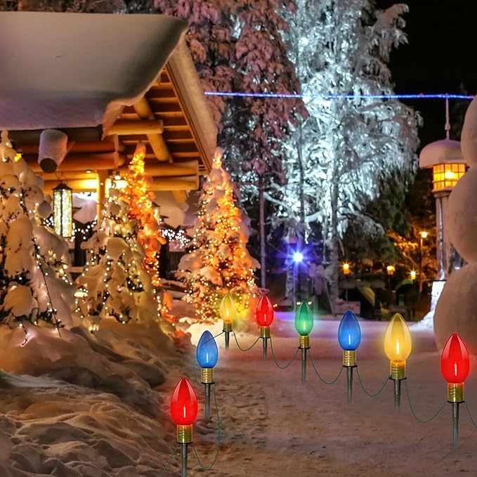Abeja 2 Pack 7Ft C9 Outdoor Pathway Lights, Outdoor Christmas Pathway Markers Stakes Lights with 8 Jumbo C9 Multicolor LED Bulbs, Connectable Christmas Yard Decoration for Driveways Garden Holiday