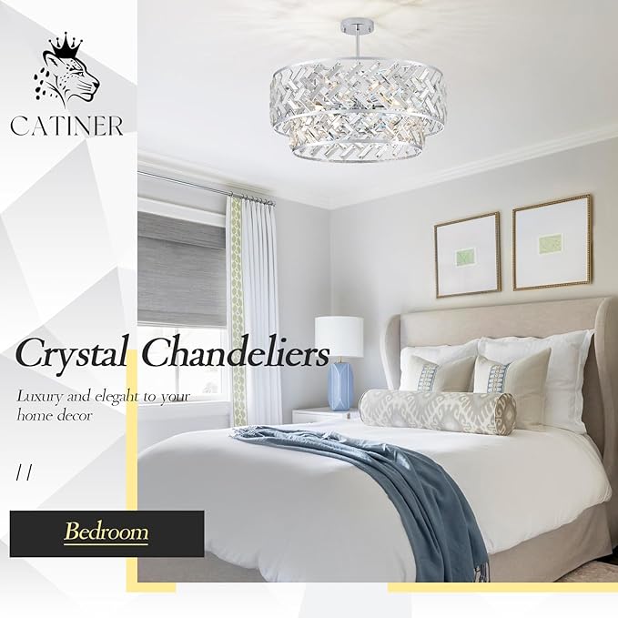 CATINER Chrome Crystal Chandelier, 8-Light Drum Semi Flush Mount & Pendant Ceiling Light, 24'' Modern Round Fixture for Living Room, Dining Room, Kitchen, Foyer, Bedroom