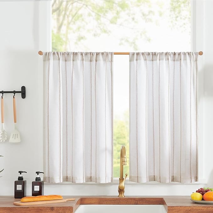 jinchan Linen Striped Kitchen Curtains Tier Cafe Curtains for Living Room Bathroom RV 36 Inch Farmhouse Rustic Half Window Treatment Light Filtering 2 Panels Taupe on White