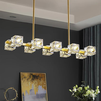 Modern Crystal Chandelier for Dining Room,Gold Pendant Lights Fixture with 10-Lights,Adjustable Height Hanging Ceiling Light for Kitchen Island,Bedroom,Over Table,Living Room