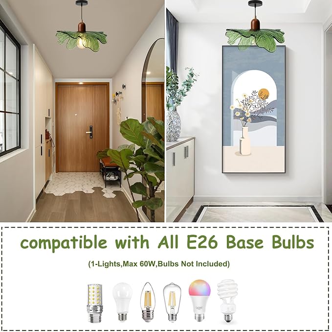 Modern Green Glass Pendant Light Fixtures 2-Pack Flower Pendant Lights Kitchen Island 59“ Adjustable Hanging Ceiling Lighting Wooden Grain Hanging Lamp for Farmhouse Dining Room