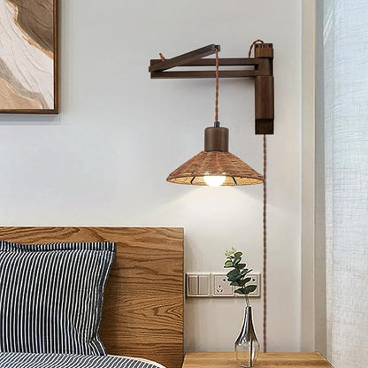 Wood Plug in Wall Sconces, Swing Arm Wall Lamp with Dimmable On Off Switch, Vintage Wall Mounted Light Fixture with Cord for Bedroom Nightstand Bedside Reading Lamp - Bulb Included
