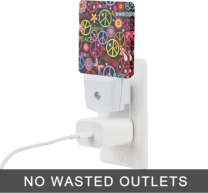 Hippie Peace Flowers Night Light,Hippies Plug-in Night Lights with Dusk-to-Dawn Sensor for Bedroom, Bathroom and Living Room 0.5W Sleep Friendly lamp for for Girlfriend/Boyfriend Gift