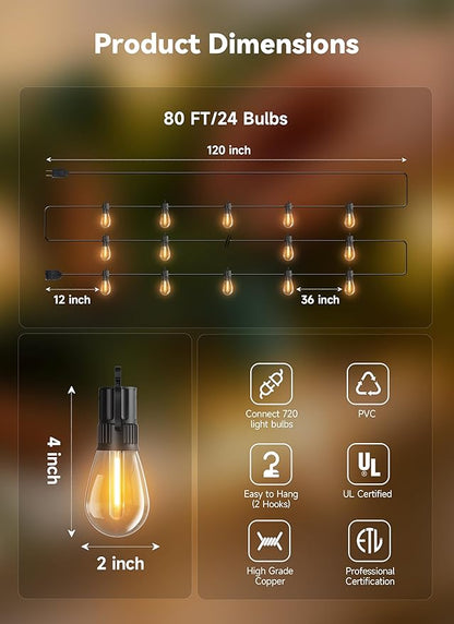 Minetom 80FT Outdoor String LED Patio Lights Waterproof, 24 Shatterproof S14 Vintage Edison Bulbs,Commercial Grade Outside Hanging Lights Waterproof for Porch Deck Garden Backyard Balcony Cafe Bistro