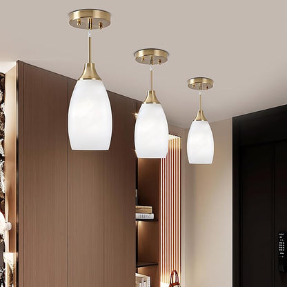 Viinew Mini Glass Pendant Light 4.72" with Handblown White Swirl Art Glass Hanging Light 1-Pack Oval Ceiling Hanging Light Fixture for Dining Room Kitchen Island Cafe Foyer Hallway
