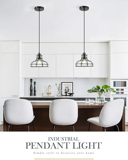 Industrial Pendant Lights Kitchen Island Black 8.7", Hanging Light Fixtures with Clear Glass and Metal Cage, Farmhouse Kitchen Pendant Light for Dining Room, Bedroom, Living Room