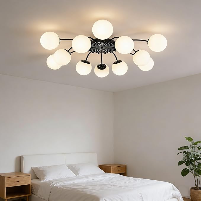 Longree 12-Light Black and White Sputnik Chandelier Opal Glass Flush Mount Ceiling Light Fixture with Blossom Accent, Mid Century Milk Glass Bubble Starburst Lighting for Dining Living