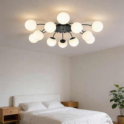 Longree 12-Light Black and White Sputnik Chandelier Opal Glass Flush Mount Ceiling Light Fixture with Blossom Accent, Mid Century Milk Glass Bubble Starburst Lighting for Dining Living