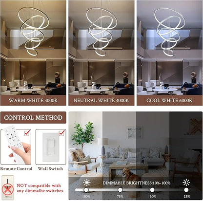 5 Ring Modern LED Chandelier Dimmable Silver High Ceiling Chandeliers for Foyer, LED Contemporary Large Pendant Lighting with Remote Control Circular for Living Room Staircase, 3000K-6500K