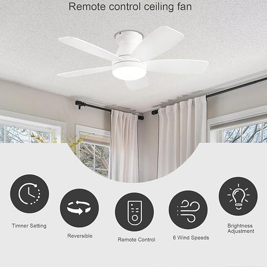 JSAITEE Ceiling Fans with Lights, 42 Inch Low Profile Ceiling Fan with Light and Remote/App Control, Flush Mount, Reversible, 3CCT, Dimmable, Noiseless, White Ceiling Fan for Indoor/Outdoor Use