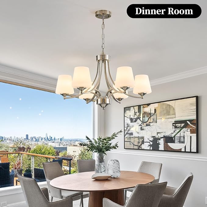 6-Light Brushed Nickel Chandeliers for Dining Room with Frosted Glass Farmhouse Silver Ceiling Hanging Lighting Fixtures Classic Pendant Lamp for Living Room,Dining Table,47.2 Height Adjustable