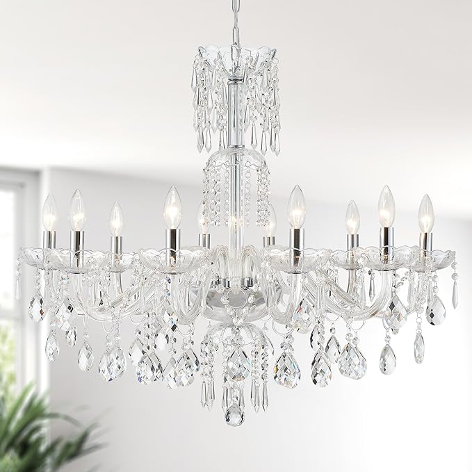 WUZUPS 10-Light Crystal Candle Chandelier Pendant Ceiling Light Modern Lighting Fixture for Bedroom Hallway Bar Kitchen Bathroom, H 26.7" W 33.9", E12 Base, Chrome