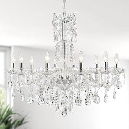 WUZUPS 10-Light Crystal Candle Chandelier Pendant Ceiling Light Modern Lighting Fixture for Bedroom Hallway Bar Kitchen Bathroom, H 26.7" W 33.9", E12 Base, Chrome