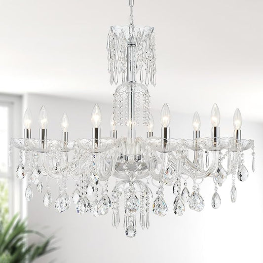 WUZUPS 10-Light Crystal Candle Chandelier Pendant Ceiling Light Modern Lighting Fixture for Bedroom Hallway Bar Kitchen Bathroom, H 26.7" W 33.9", E12 Base, Chrome