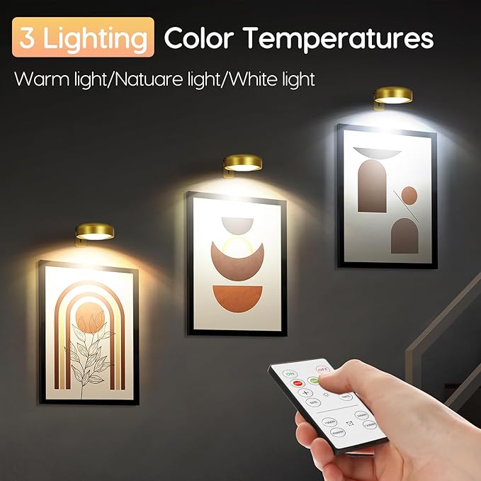 Picture Light for Wall with 2500mAh Rechargeable Battery,Wireless Painting Art Display Lighting for Portait Frame Gallery Poster with Remote ,3 Lighitng Colors&Dimmable Timer for Living Room Bedroom