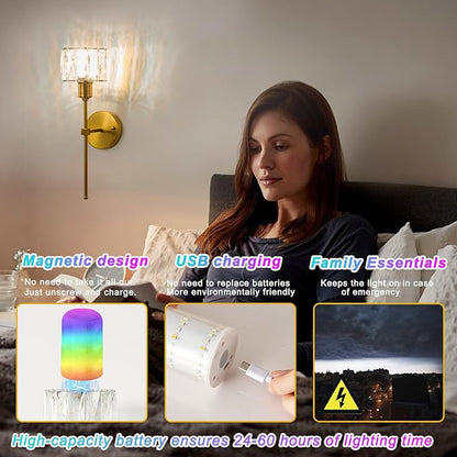 Crystal Battery Operated Wall Sconces Set Of Two, Gold Wireless Wall Light with USB Rechargeable LED Light Bulbs 12 Colors Dimmable Crystal Wall Lamp with Remote for Living Room, Bedroom, Hallway