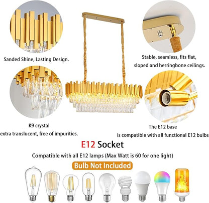 40'' L Modern Crystal Chandeliers for Dining Room 10 Lights Gold Chandelier Large Luxury Rectangular Crystal Chandelier Pendant Light Fixture, Kitchen Island,Entryway,Living Room