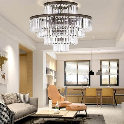 24" Oil Brown Crystal Chandelier, Modern 5-Tier Ceiling Light with Clear Crystal Prisms, Luxury Pendant Lighting for Dining Room Entryway