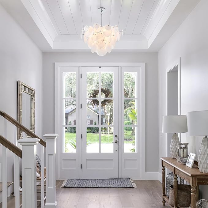 Dia 28 Inch, Modern Glass Chandeliers for Farmhouse, Large Unique Pendant Chandelier for Dining Room Bedroom Entryway Kitchen Foyer, Chrome Finish