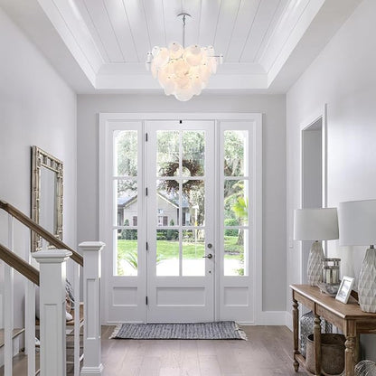 Dia 28 Inch, Modern Glass Chandeliers for Farmhouse, Large Unique Pendant Chandelier for Dining Room Bedroom Entryway Kitchen Foyer, Chrome Finish