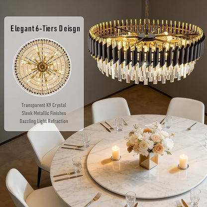 Black and Gold Crystal Chandelier 30'' K9 Crystal Luxury Round Pendant Lights Adjustable 6-Tier 12-Lights Large Modern Crystal Chandelier Light for Dining Room Living Room Foyer Entryway