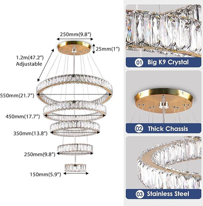 Dixun Dimmable LED Chandeliers Big Crystal Chandeliers Modern 5 Rings Pendant Light Adjustable Height Ceiling Lamp for Bedroom Dinning Room Living Room Kitchen (Titanium Gold)