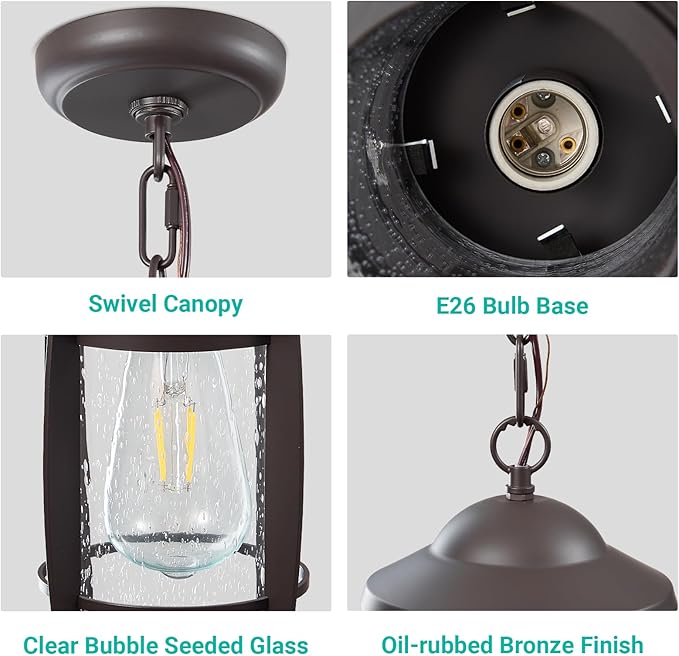 LOUSACE 1-Light Outdoor Pendant Light for Porch - Oil Rubbed Bronze Outdoor Chandelier Lantern Waterproof Aluminum Exterior Hanging Porch Light with Seeded Glass for Entrance, Gazebo, Patio, ETL List
