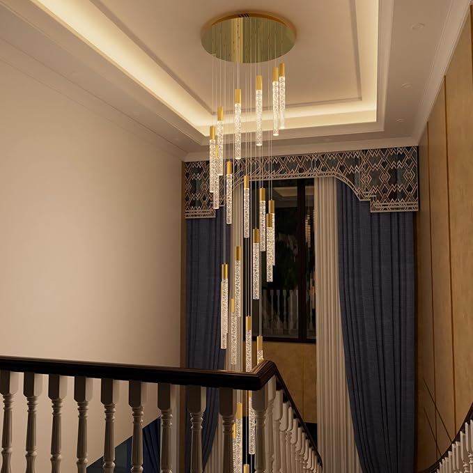 12FT High Ceiling Gold Crystal Chandelier 26-Lights Modern LED Dimmable Pendant Light for Entryway Living Room Dining Room Staircase Foyer Long Hanging Glam Fixture