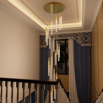 12FT High Ceiling Gold Crystal Chandelier 26-Lights Modern LED Dimmable Pendant Light for Entryway Living Room Dining Room Staircase Foyer Long Hanging Glam Fixture