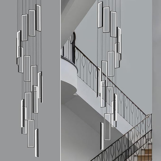 Modern Adjustable Height Pendant Light Fixture Black 288W LED Pendant Lights 16 Rings Rectangular Chandelier Staircase Large Chandelier Lobby Living Room Foyer High Ceiling Chandeliers