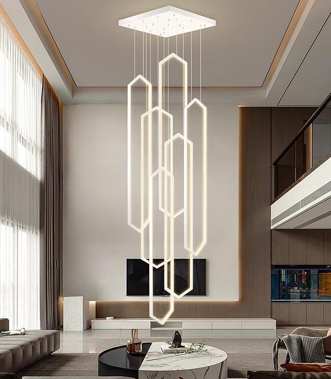 6-Rings Modern Chandelier White Large Contemporary LED Dimmable Light for Living Room Entrance High Ceiling Chandeliers with Remote Control for Villa Foyer