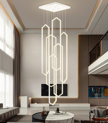 6-Rings Modern Chandelier White Large Contemporary LED Dimmable Light for Living Room Entrance High Ceiling Chandeliers with Remote Control for Villa Foyer
