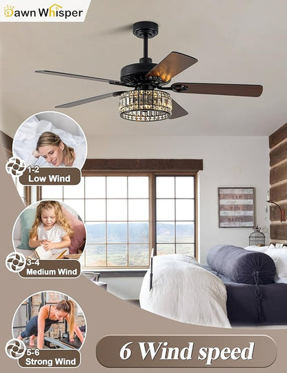 Dawn Whisper 52 Inch Black Chandelier Ceiling Fans Quiet and Reversible DC Motor Modern Ceiling Fans with Lights for Bedroom Living Room