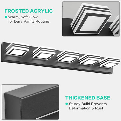 SOLFART LED Bathroom Lighting Fixtures - 5 Lights Modern Matte Black Acrylic Vanity Lights for Mirror 32inch 24W