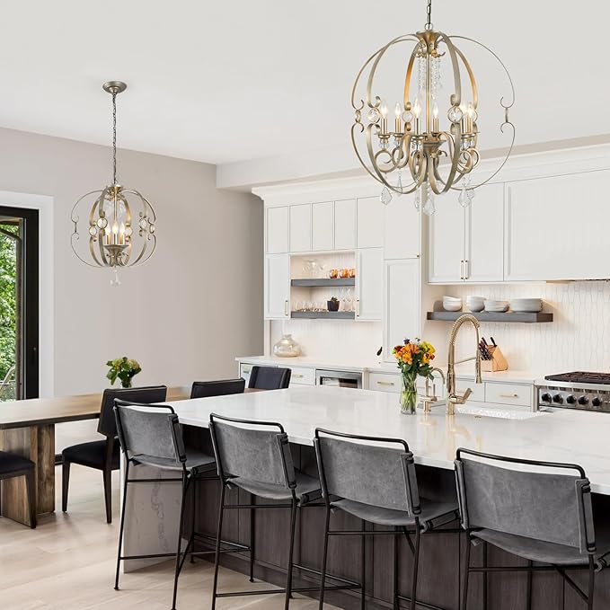 Sphere Crystal Chandeliers for Dining Room Light Fixture, 6-Light 26 Inch Antique Silver Vintage Bronze Chandelier for Kitchen Island, Living Room, Foyer, Staircase, Entry, Villa