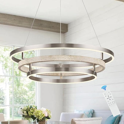 3 Ring LED Chandelier Nickel Round Chandelier Light Fixture Dimmable Foyer Chandeliers Light Weathered Wood Circular Chandeliers for Dining Room Entry Bedroom Office Living Room