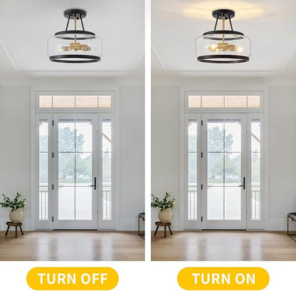 3-Light Semi Flush Mount Ceiling Light Modern Glass Drum Entryway Chandelier Black and Gold Hallway Lights Kitchen Ceiling Lighting Fixtures for Bedroom Foyer Laundry Bathroom Dining Room