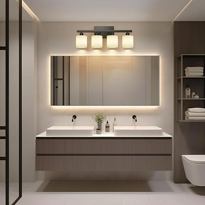 PARTPHONER Bathroom Light Fixtures, Bathroom Lighting Fixtures Over Mirror, Interior Classic Vanity Lights, Modern Vanity Light with Textured White Glass Shade, Matte Black, 4-Light