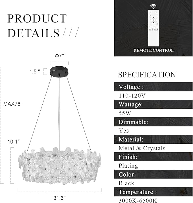 32'' Modern LED Crystal Chandelier Large Flower Light Fixture Black Dimmable 3000-6500K Contemporary Chandeliers with Remote Control Luxury for High Ceiling Foyer Living Room Bedroom Entryway