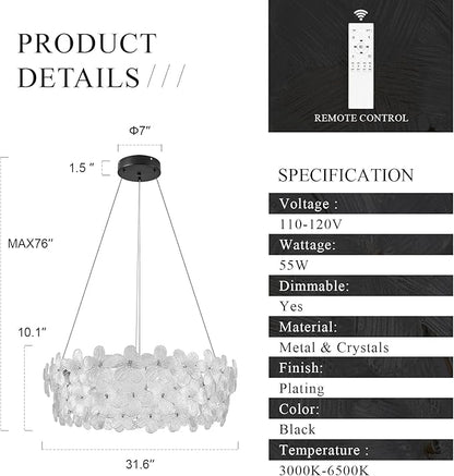 32'' Modern LED Crystal Chandelier Large Flower Light Fixture Black Dimmable 3000-6500K Contemporary Chandeliers with Remote Control Luxury for High Ceiling Foyer Living Room Bedroom Entryway