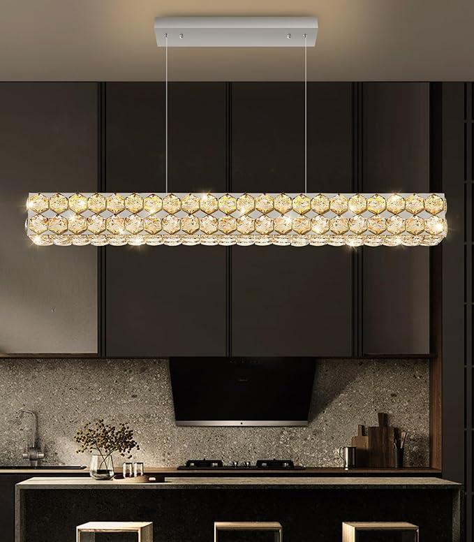 40'' Modern Crystal Chandelier for Dining Room Ceiling Light Fixture for Living Room Hallway Lighting LED Dimmable with Remote Silver