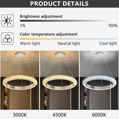 24" Ring Modern LED Dimmable Crystal Chandelier Adjustable Height Pendant Light Round Crystal Chandelier Light Fixtures for Dining Room Living Room Kitchen Island Silver