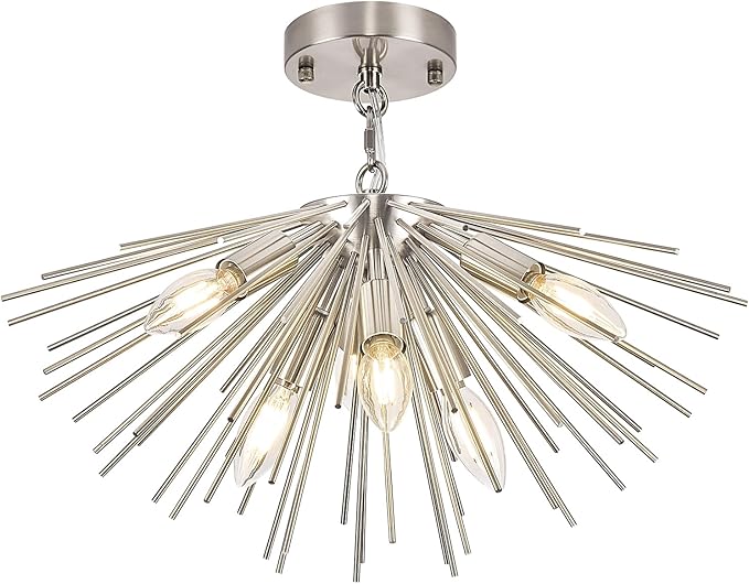 Nickel Sputnik Ceiling Light, 6-Light Starburst Chandelier Ceiling Lights Mid Century Modern Satellite Flush Mount Light Solid Metal for Entry Kitchen Sink Dining Room