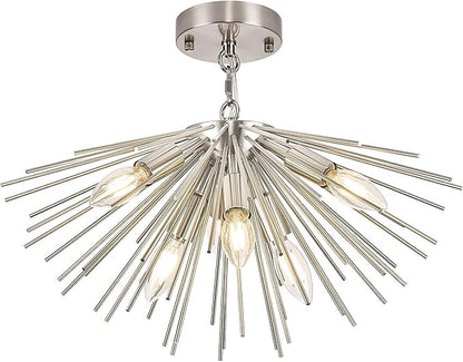 Nickel Sputnik Ceiling Light, 6-Light Starburst Chandelier Ceiling Lights Mid Century Modern Satellite Flush Mount Light Solid Metal for Entry Kitchen Sink Dining Room