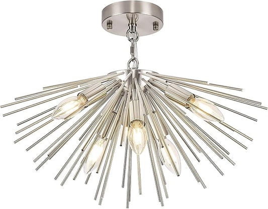 Nickel Sputnik Ceiling Light, 6-Light Starburst Chandelier Ceiling Lights Mid Century Modern Satellite Flush Mount Light Solid Metal for Entry Kitchen Sink Dining Room