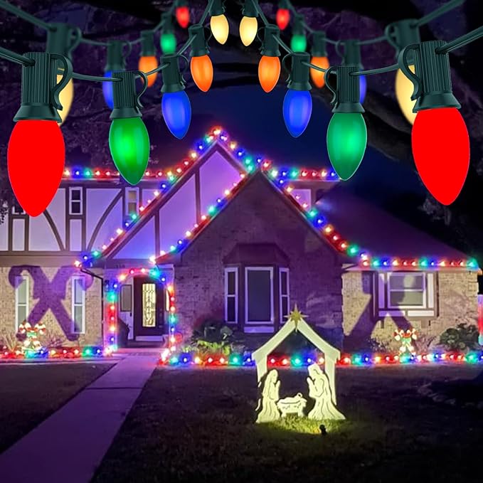 25Ft Multicolor Christmas Lights, C9 Vintage Christmas Lights with 26 Ceramic Multicolor Bulbs, Traditional Xmas Light for Outdoor Roofline Garden Patio Party Wedding Xmas Decor