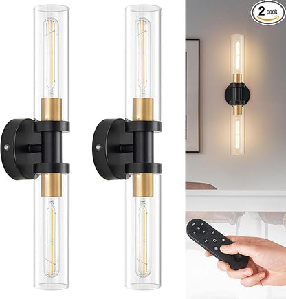 SANTOSTOCK Battery Operated Wall Sconce Set of 2, 12000mAh Rechargeable Wall Lights with Remote Control, Wireless Dimmable Wall Lamps for Bedroom Living Room Bathroom Hallway Stairwell, Black & Gold