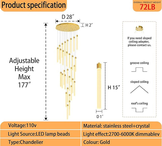 177'' Long Crystal Column Chandelier Gold 30-Lights Extra Large High Ceiling Chandelier Dimmable Pendant Lighting Staircase Foyer Entryway Light Source is Replaceable