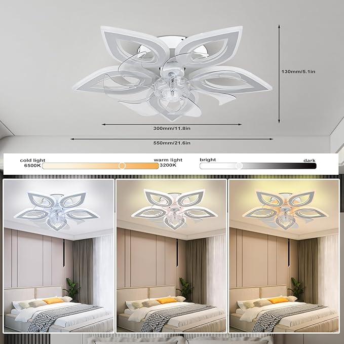 Ceiling Fans with Lights 20" Low Profile Flush Mount Fandelier Fan Lights Ceiling Fixtures with Remote/APP Control Dimmable 6 Speeds Reversible for Bedroom Chandelier Fan Living Room Kitchen