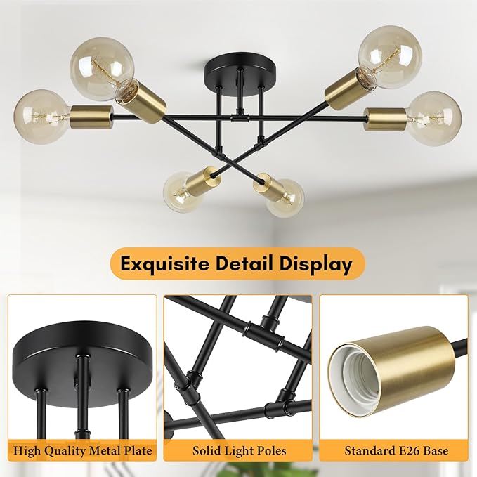 Modern Sputnik Chandelier, 6-Light Farmhouse Semi Flush Mount Ceiling Light Fixtures, Industrial Chandeliers for Dining Room Kitchen Bedroom Living Room Hall Foyer Entryway (Black and Gold) - E26 Base